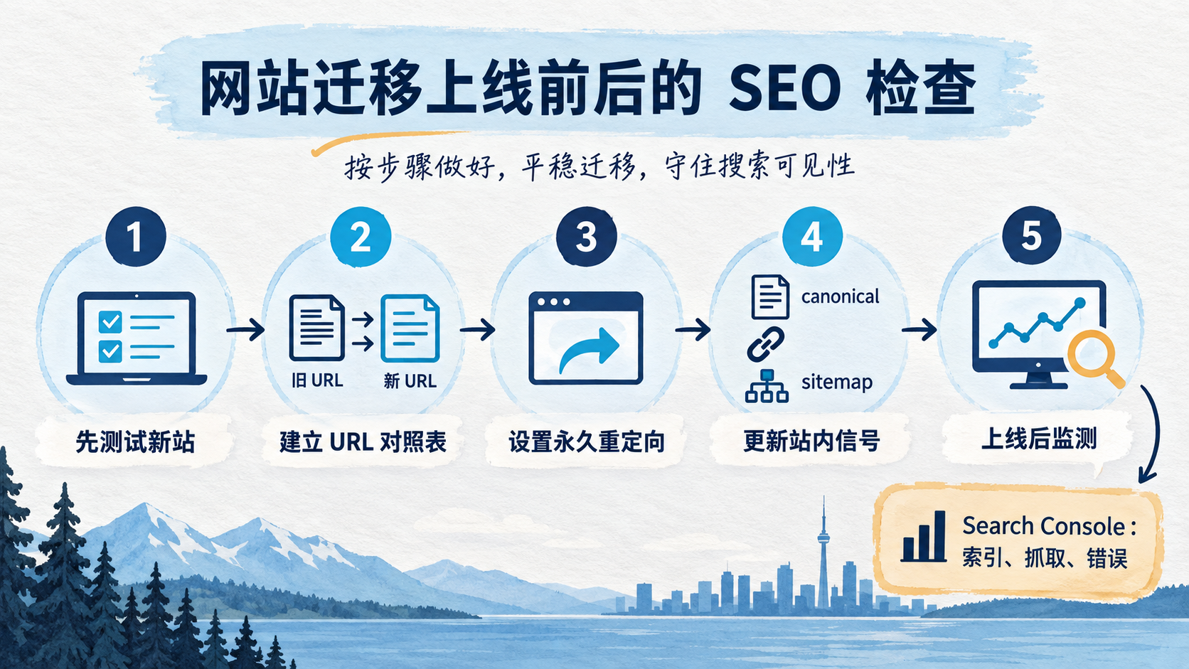 网站迁移 SEO 五步检查:测试、URL 对照、重定向、站内信号与 Search Console 监测